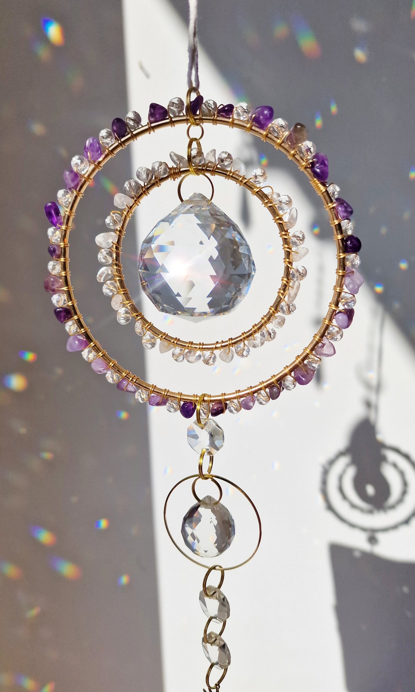 Crystal suncatcher clear quartz and amethyst
