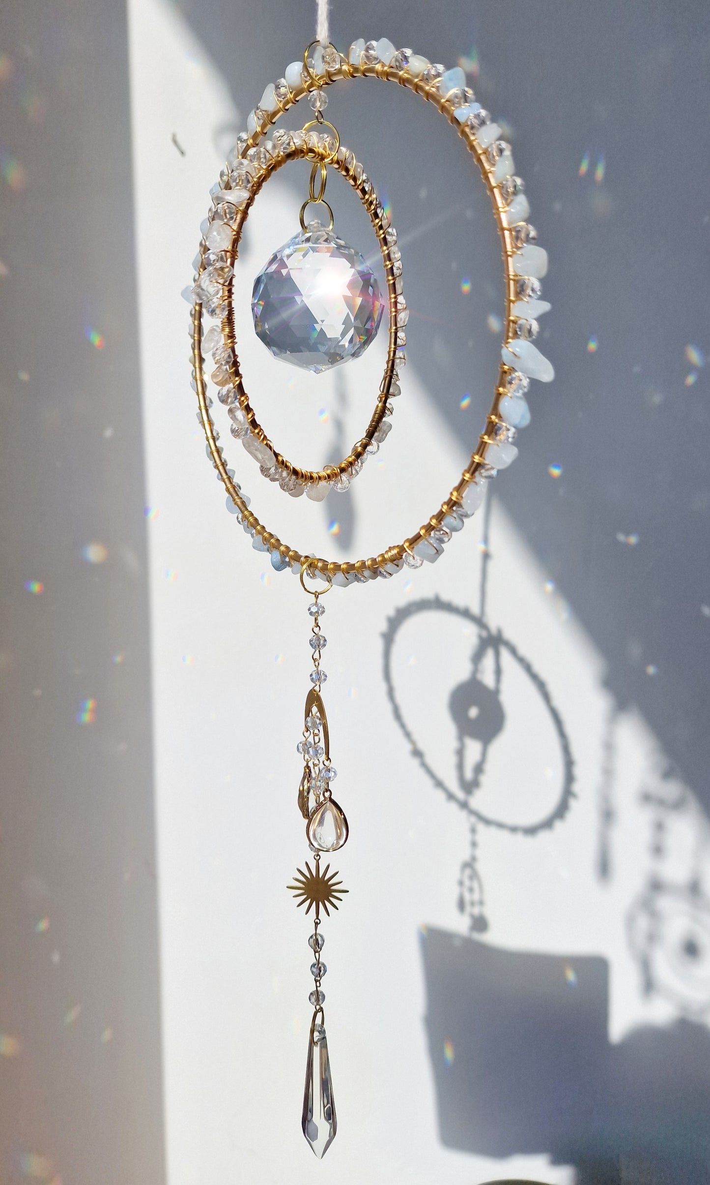 Crystal suncatcher clear quartz and aquamarine