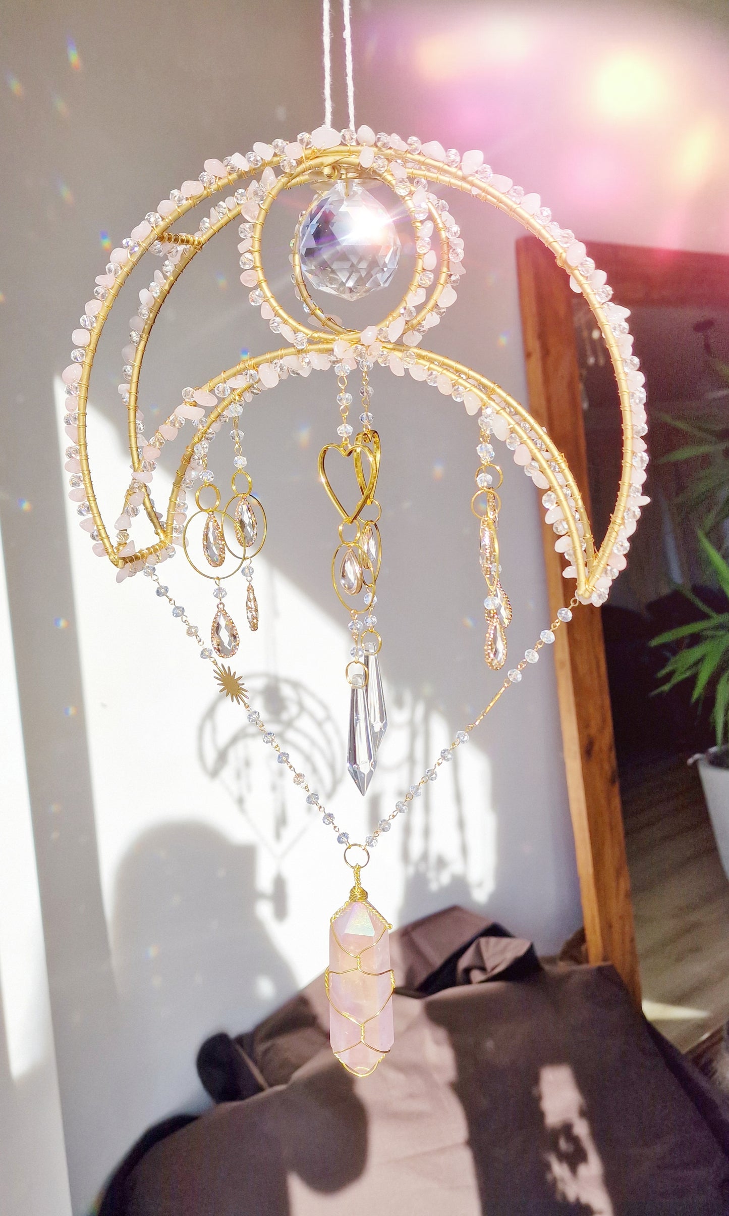 Vermithor Crescent moon crystal suncatcher with rose quartz and rose aura quartz