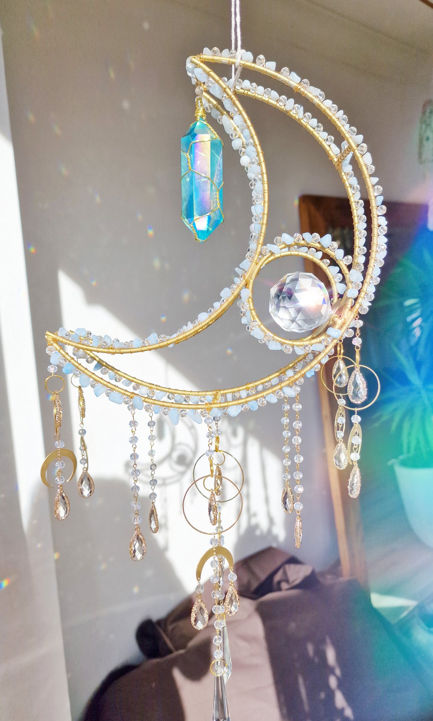 Dreamfyre - New Crescent moon crystal suncatcher with aquamarine and blue aura quartz