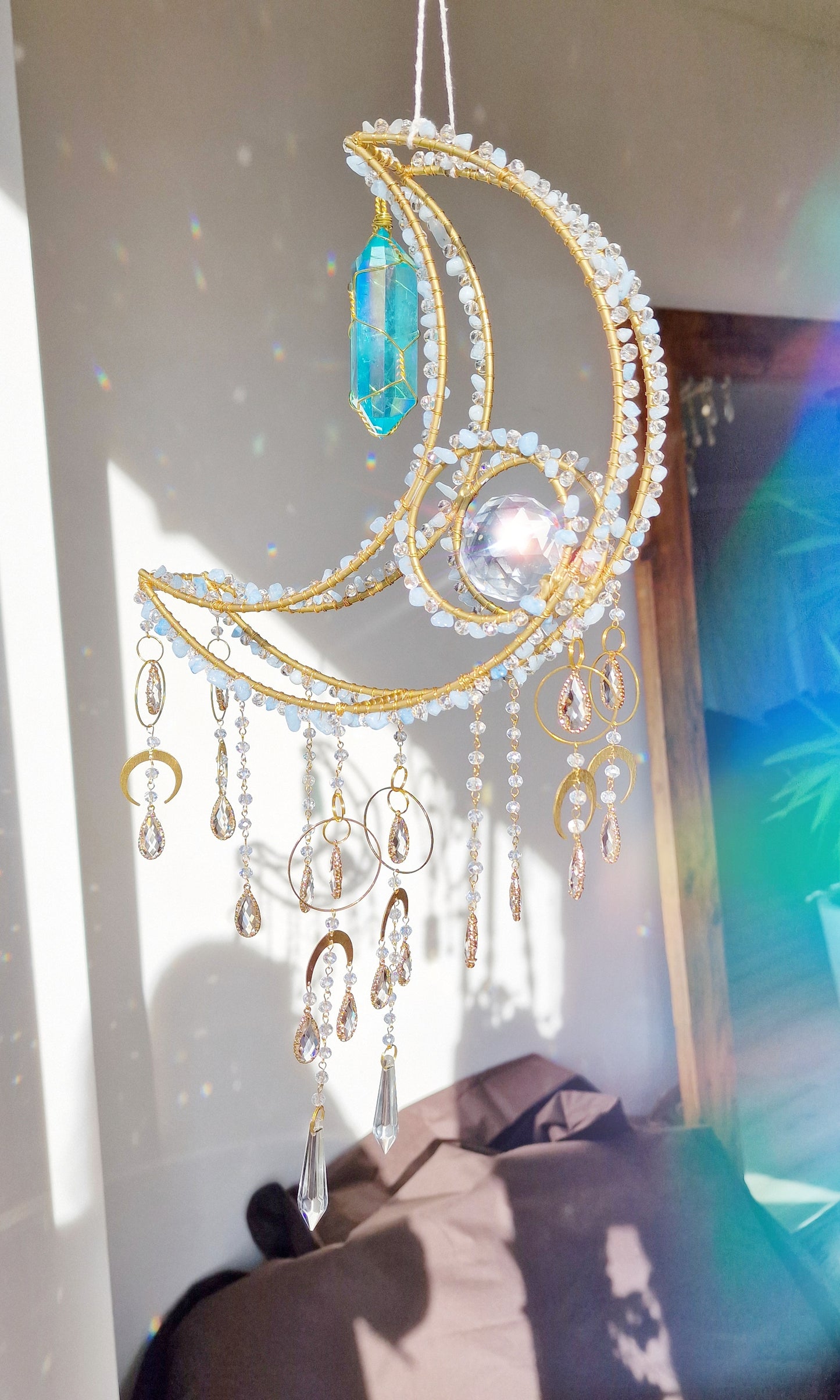 Dreamfyre - New Crescent moon crystal suncatcher with aquamarine and blue aura quartz