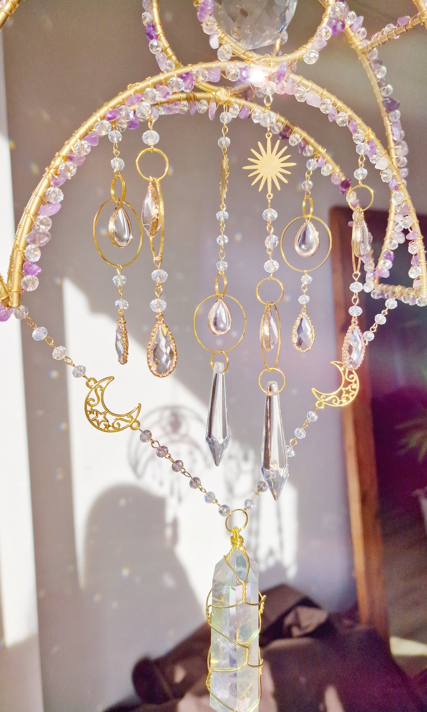 Crescent moon crystal suncatcher with amethyst and aura quartz