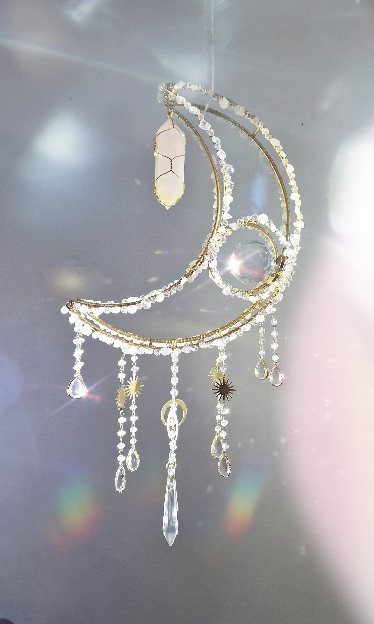 Crescent moon crystal suncatcher with rose quartz and rose aura quartz - Eirwin