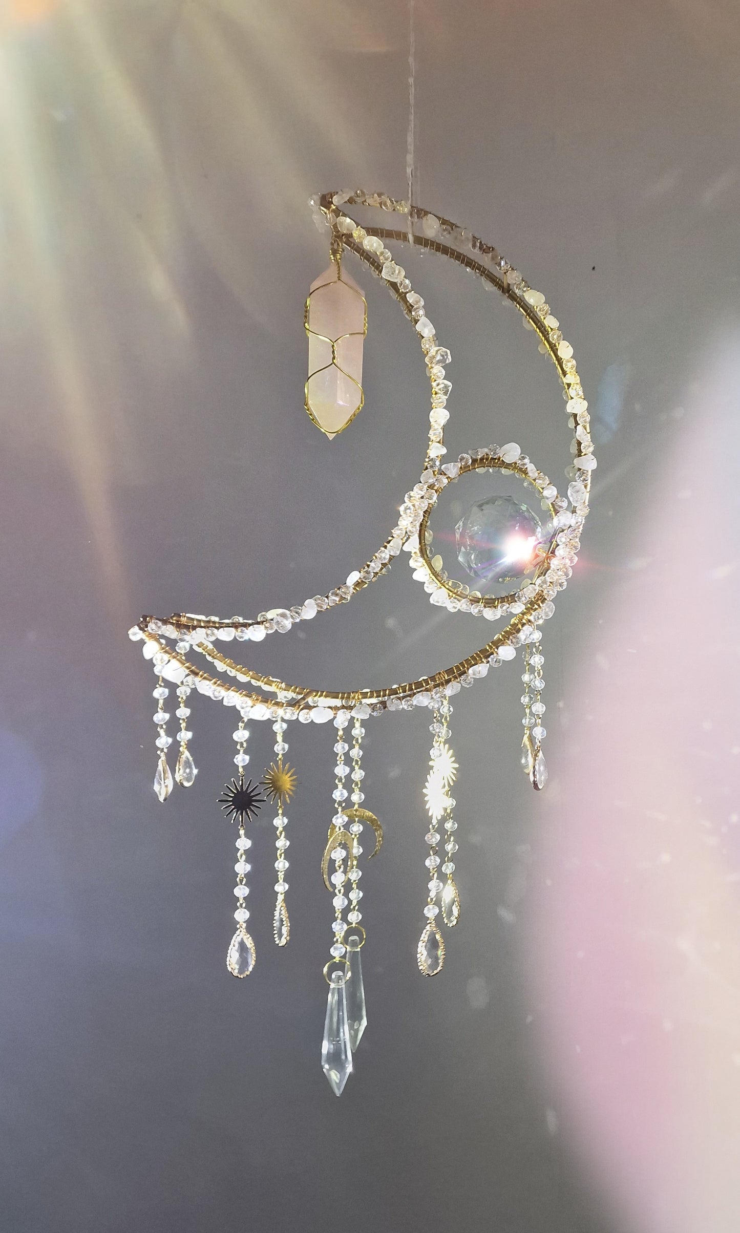Crescent moon crystal suncatcher with rose quartz and rose aura quartz - Eirwin