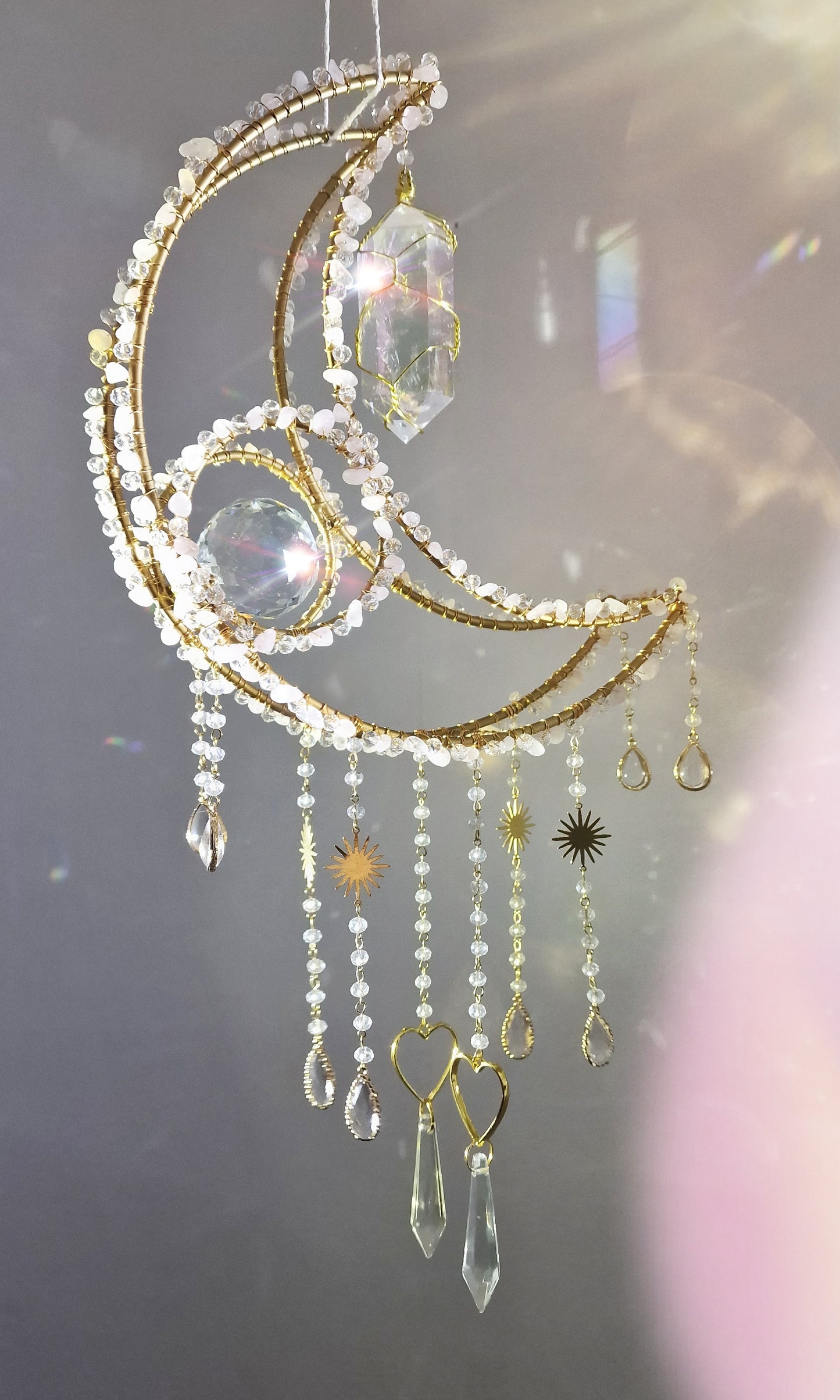 Crescent moon crystal suncatcher with rose quartz and clear aura quartz - Holly