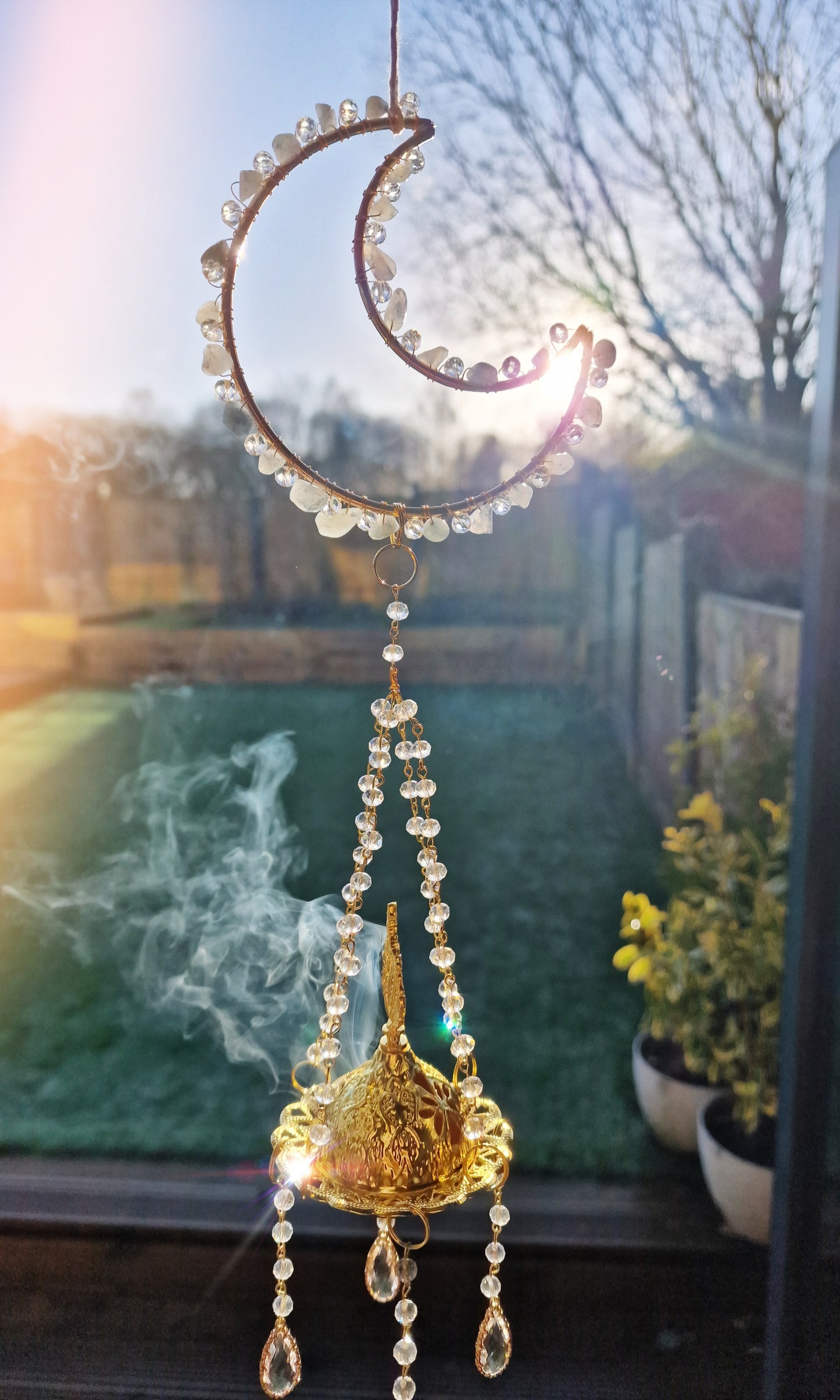Moon insense suncatcher with aquamarine crystal chips- Gabriel
