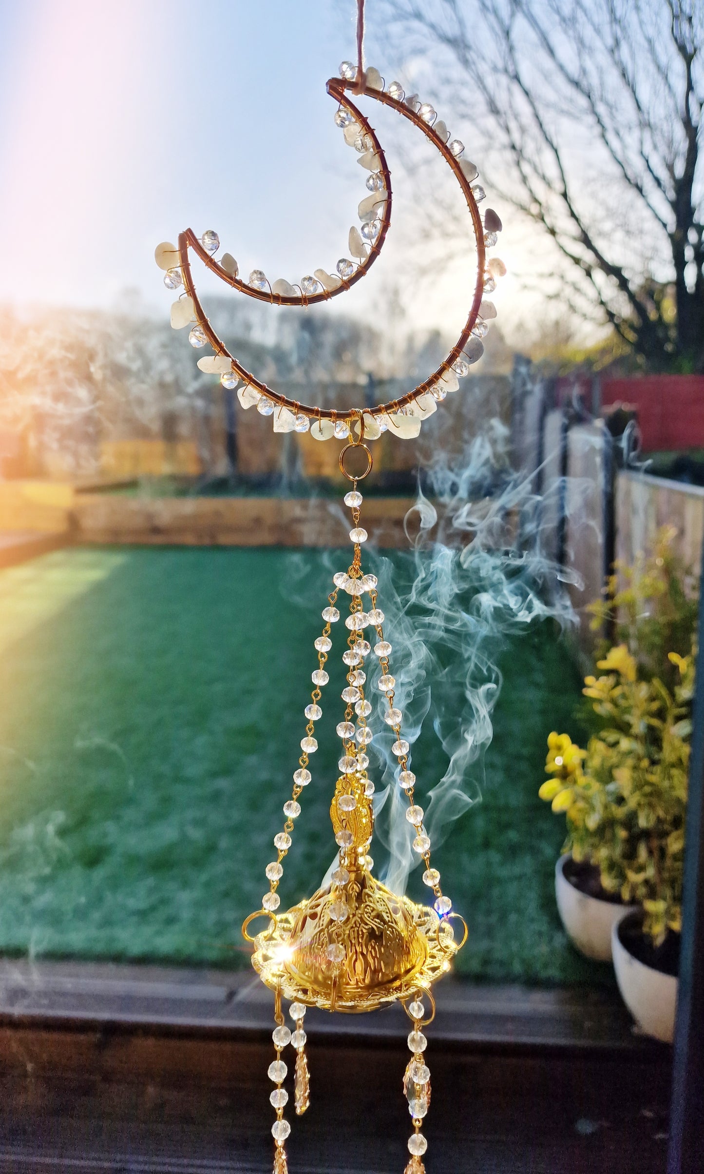 Moon insense suncatcher with aquamarine crystal chips- Gabriel