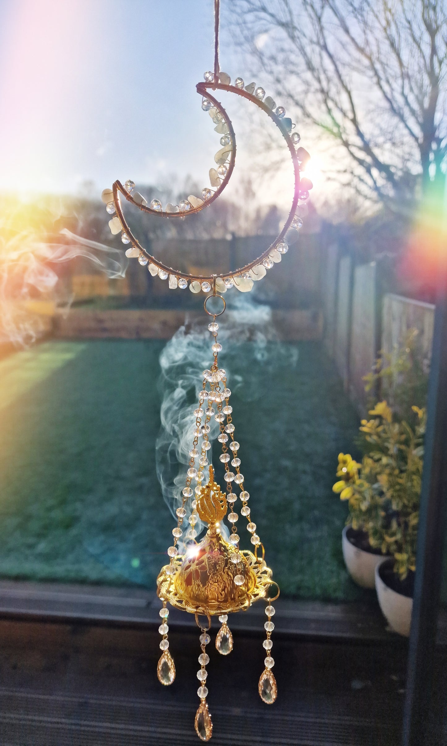 Moon insense suncatcher with aquamarine crystal chips- Gabriel