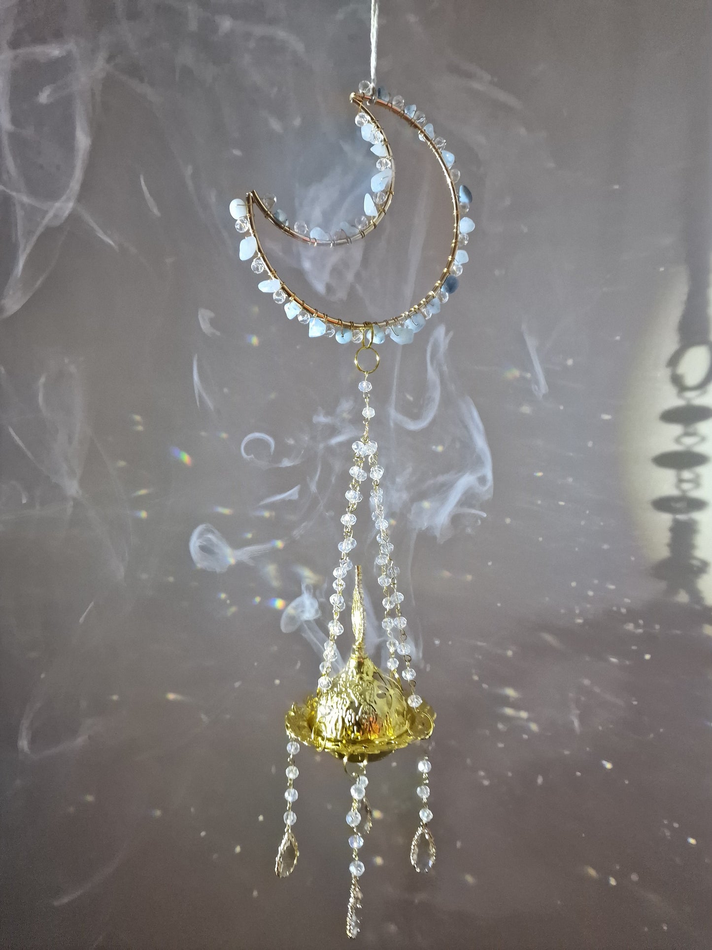 Moon insense suncatcher with aquamarine crystal chips- Gabriel