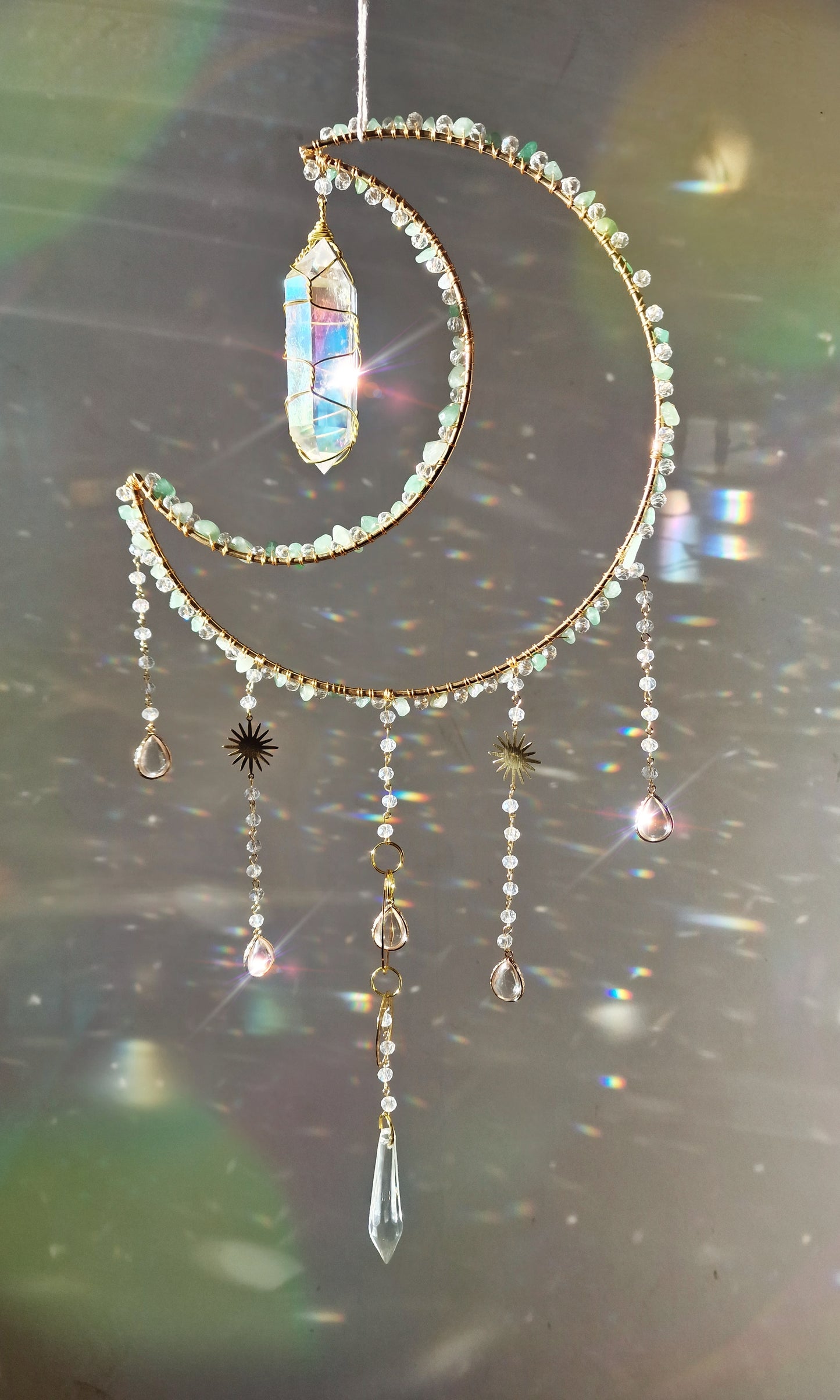 Moon suncatcher with aura quartz and aventurine chips- Hope