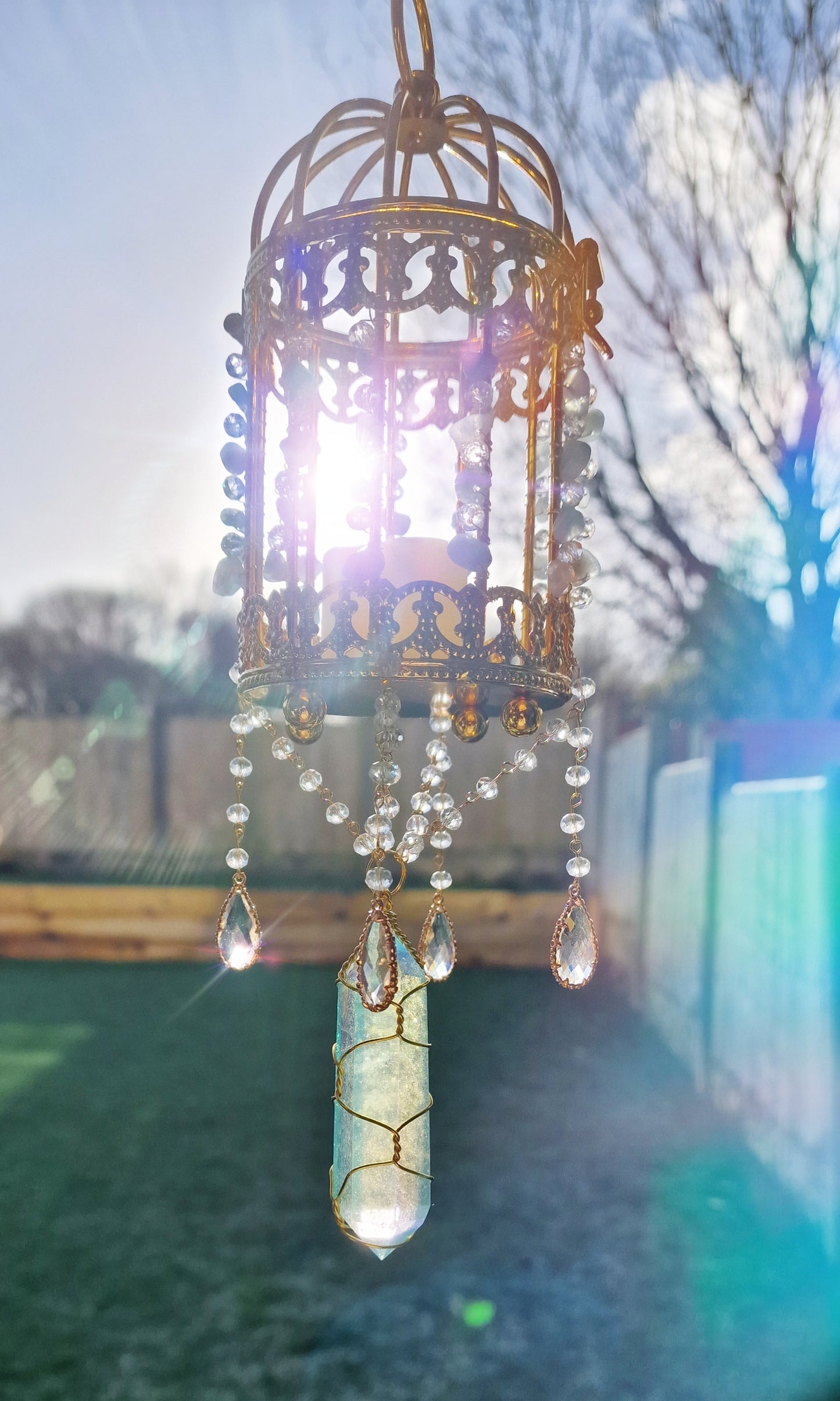 Suncatcher lantern with amethyst and blue aura quartz - Golden glow