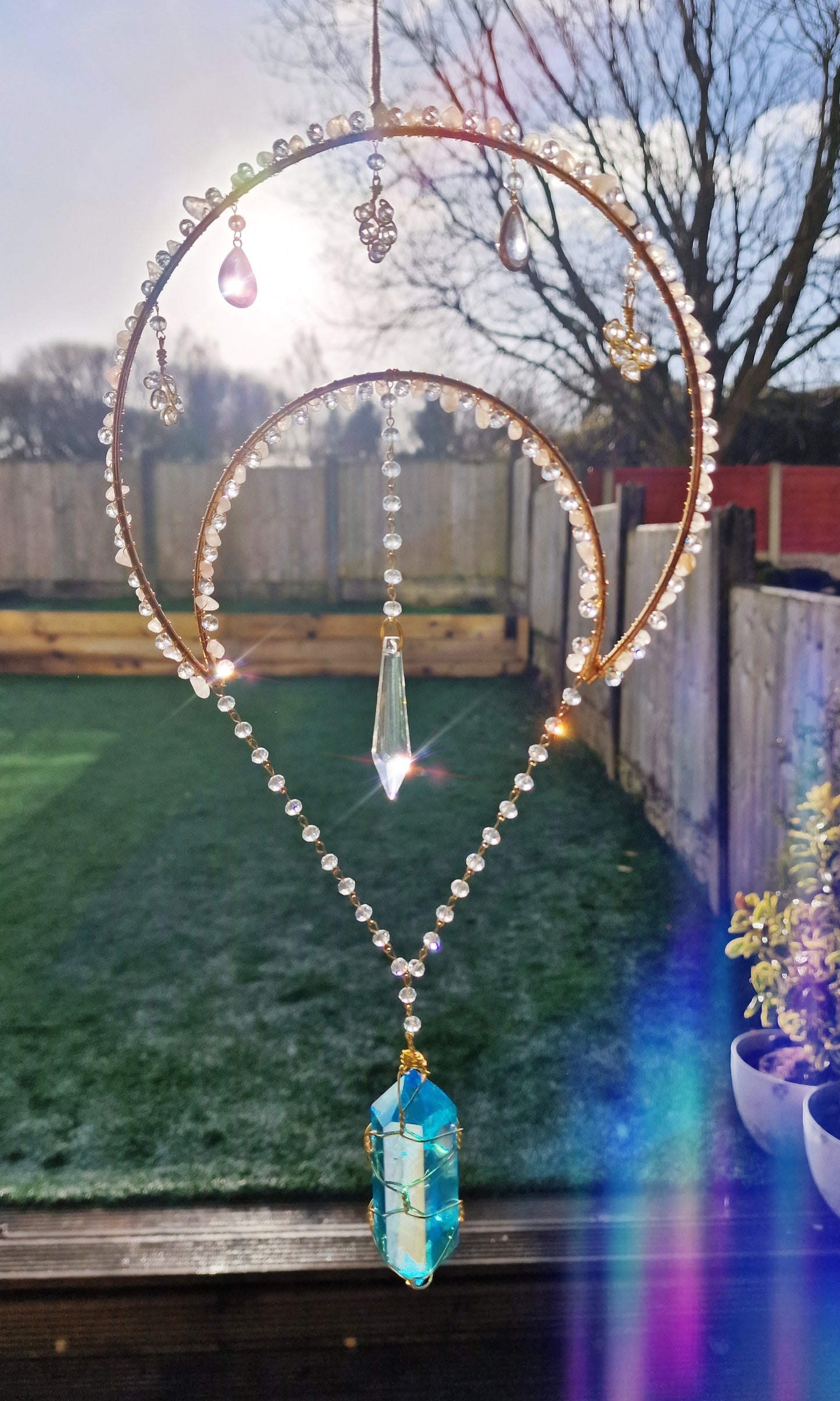 Moon suncatcher Aura quartz and clear quartz chips - Sunlit