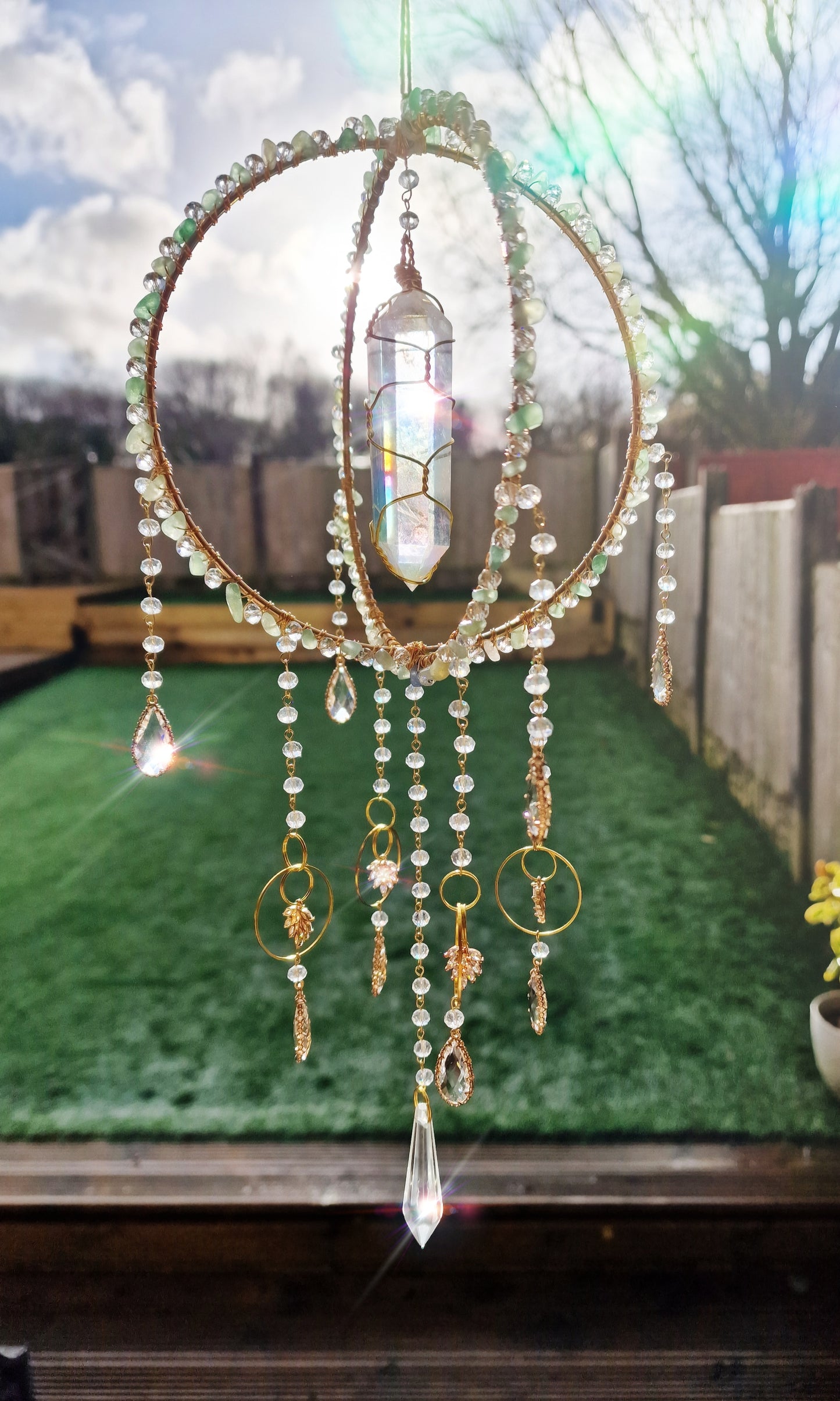 Orb Suncatcher aventurine chips and aura quartz - Emerald light