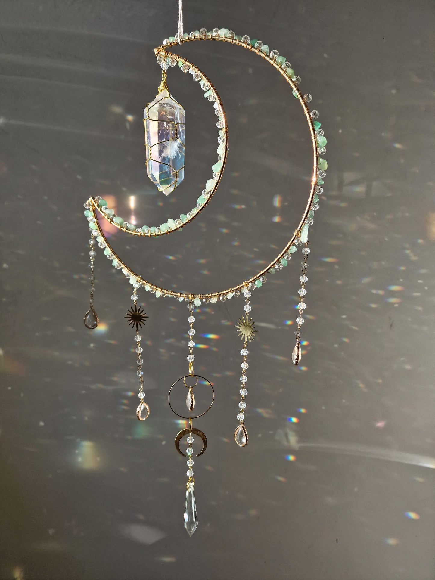 Moon suncatcher with aura quartz and aventurine chips- Hope