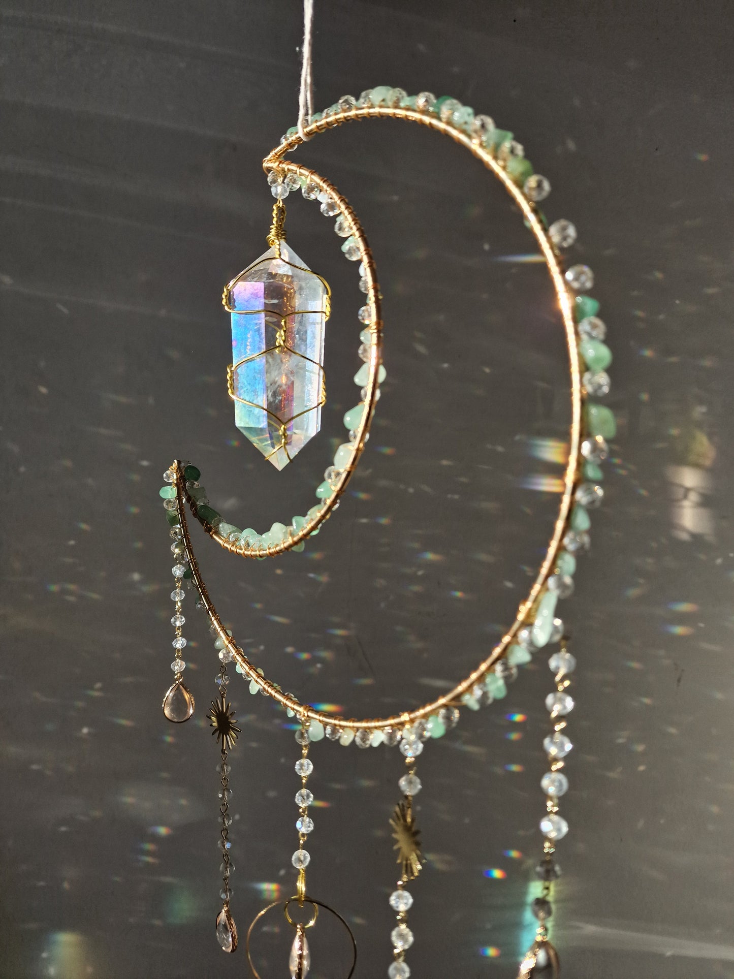 Moon suncatcher with aura quartz and aventurine chips- Hope