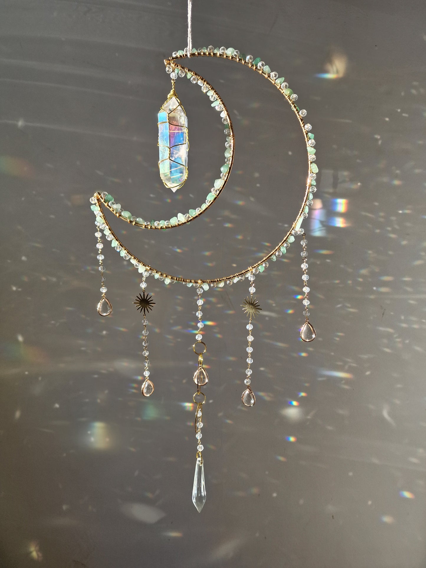 Moon suncatcher with aura quartz and aventurine chips- Hope