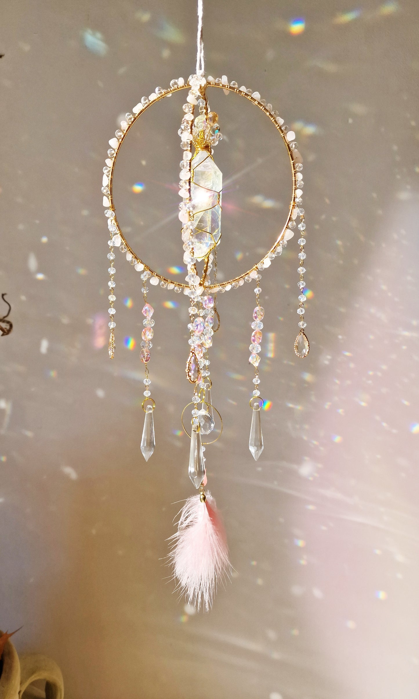Pink Peacock - Suncatcher with Rose Quartz & Aura Quartz