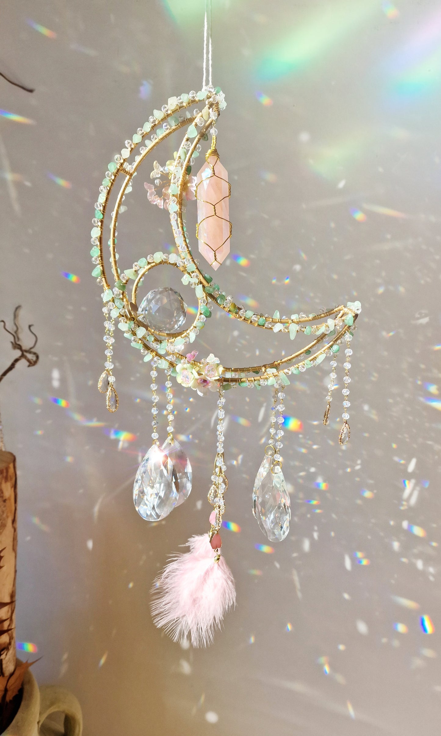 Penna - Crystal Moon Suncatcher with Aventurine & Rose Aura Quartz