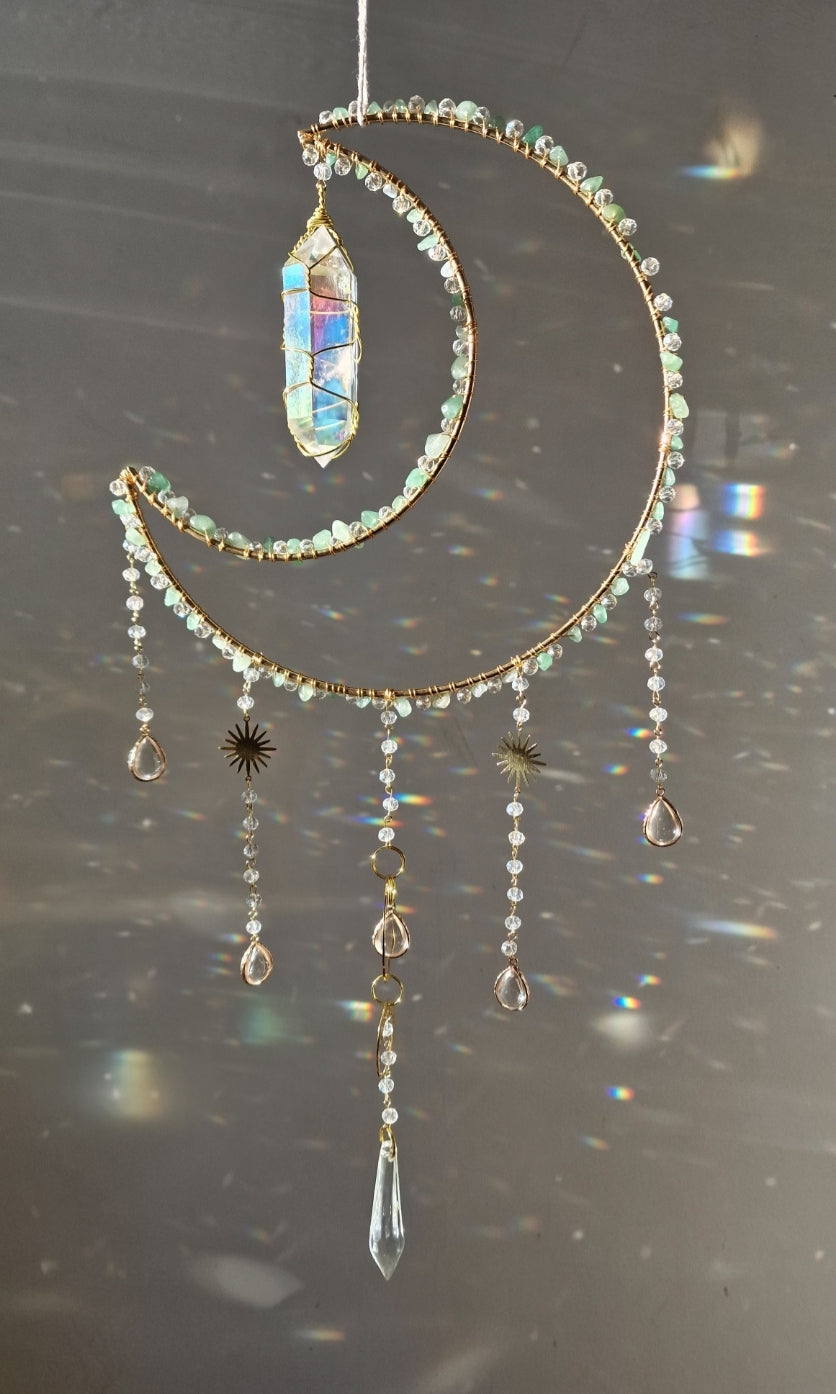 Moon suncatcher with aura quartz and aventurine chips- Hope