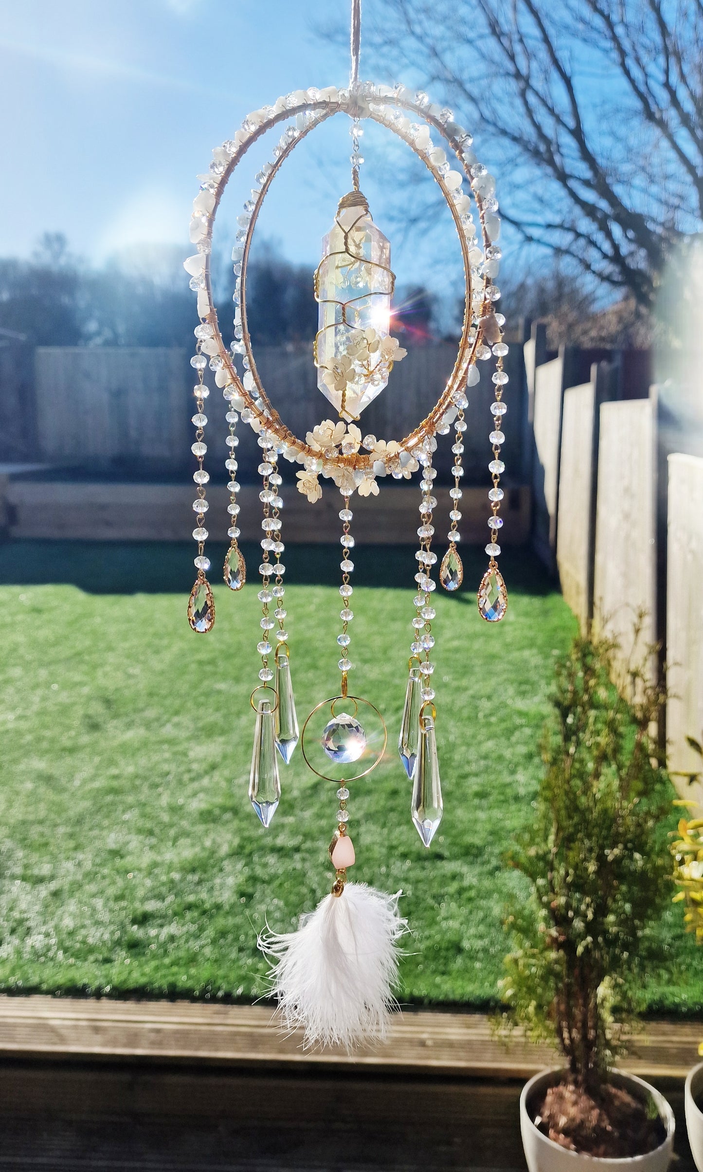Swan - Crystal Suncatcher with Aquamarine & Aura Quartz
