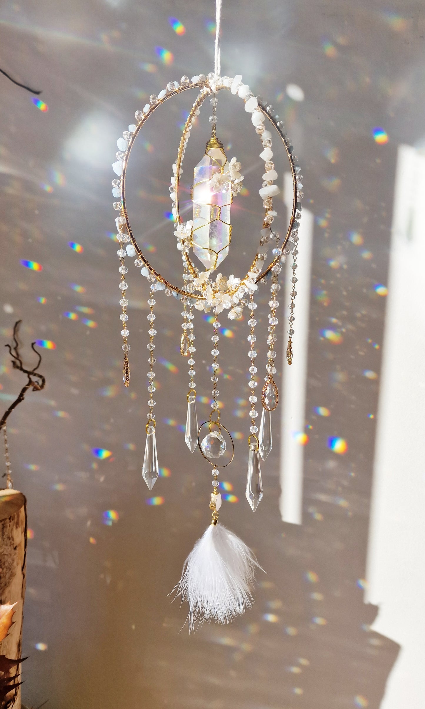 Swan - Crystal Suncatcher with Aquamarine & Aura Quartz