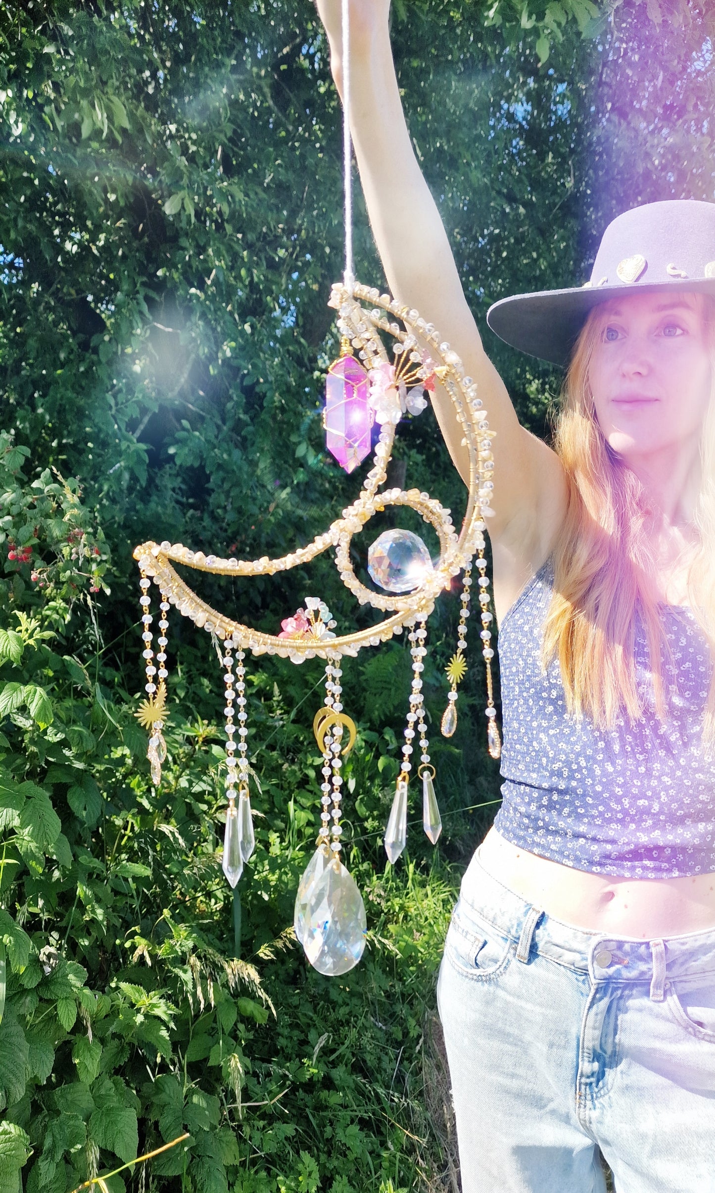 Crystal Moon Suncatcher with Citrine & Purple Aura Quartz