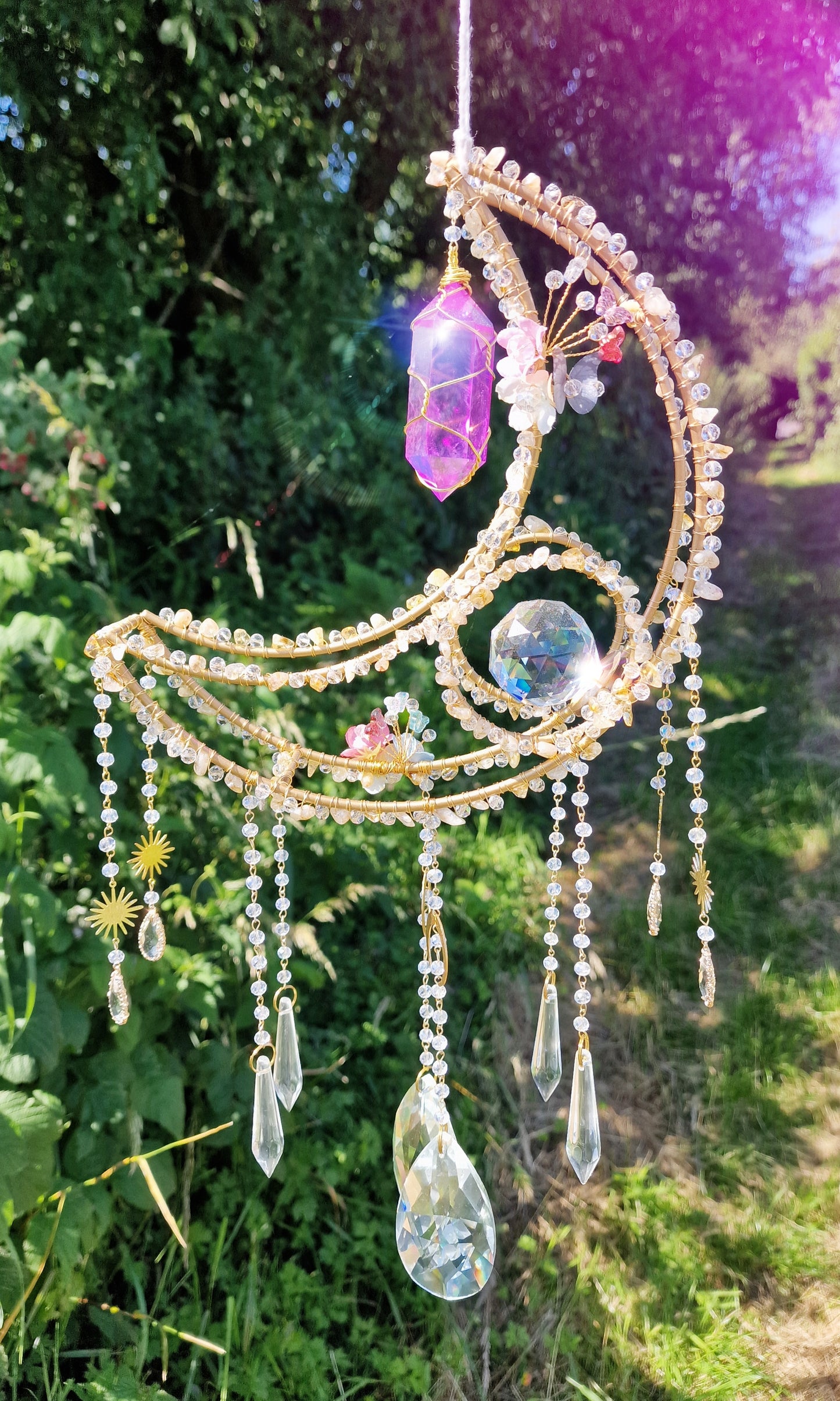 Crystal Moon Suncatcher with Citrine & Purple Aura Quartz