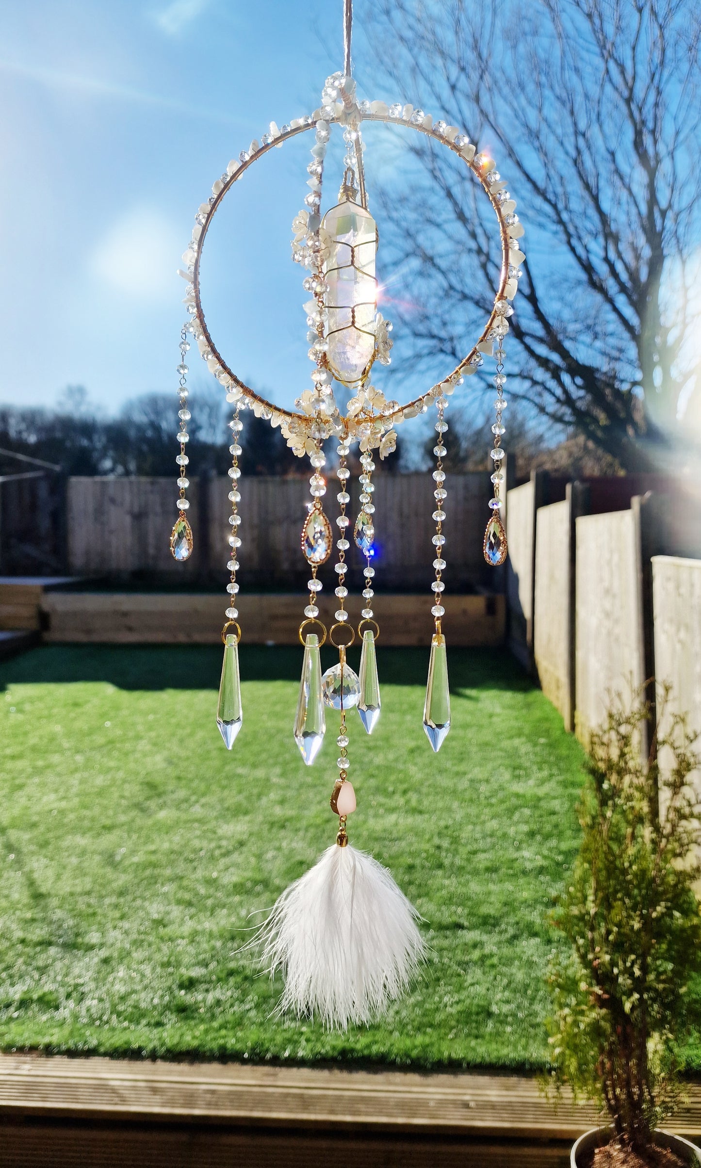 Swan - Crystal Suncatcher with Aquamarine & Aura Quartz