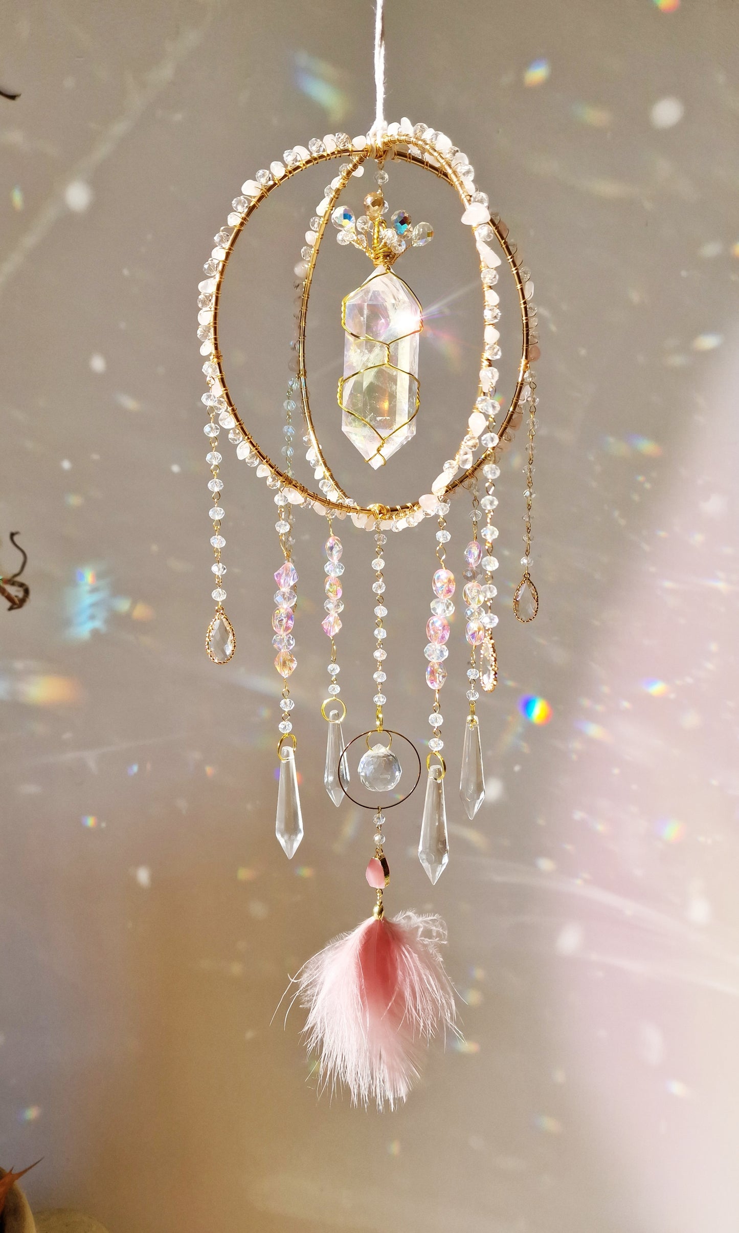 Pink Peacock - Suncatcher with Rose Quartz & Aura Quartz