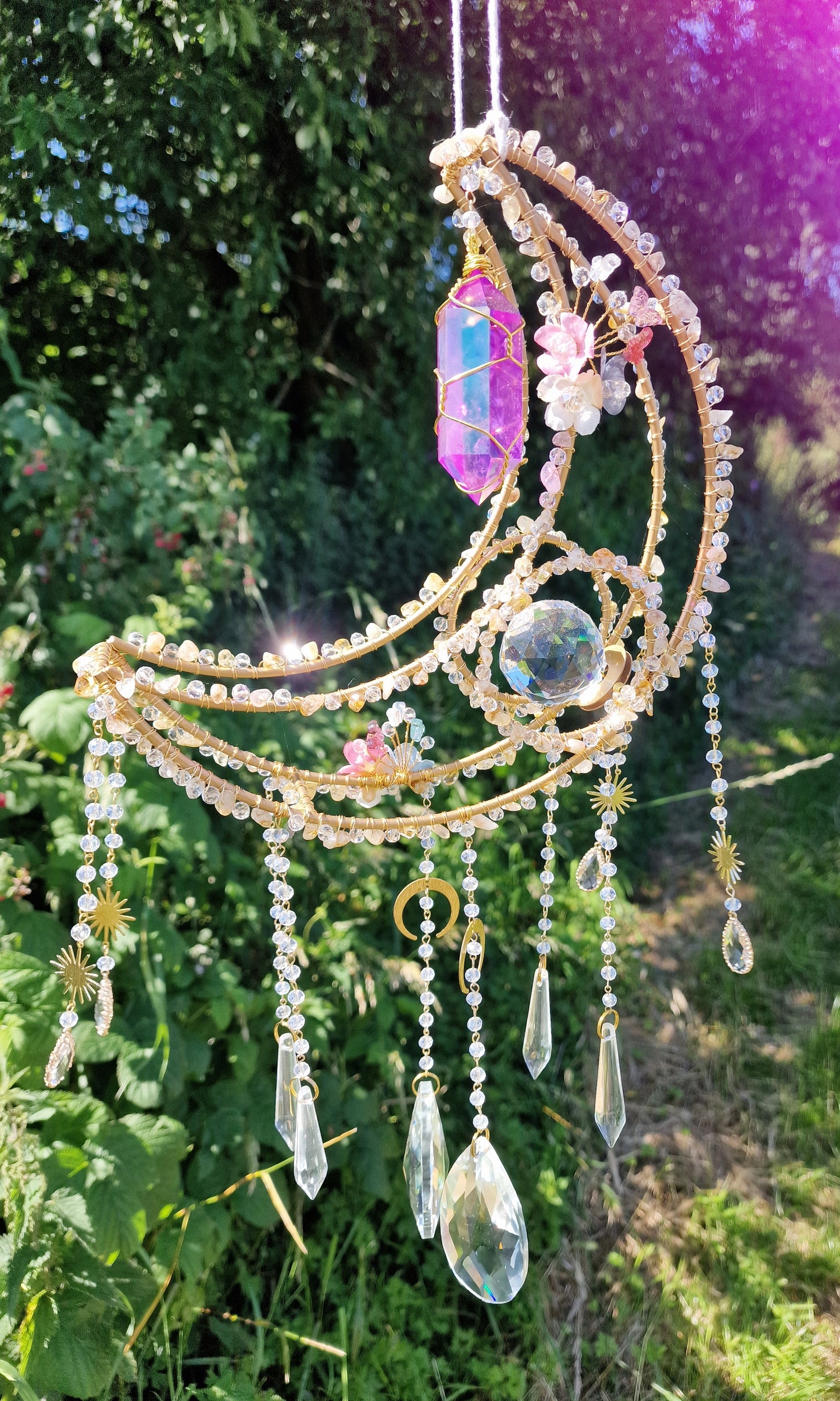 Crystal Moon Suncatcher with Citrine & Purple Aura Quartz