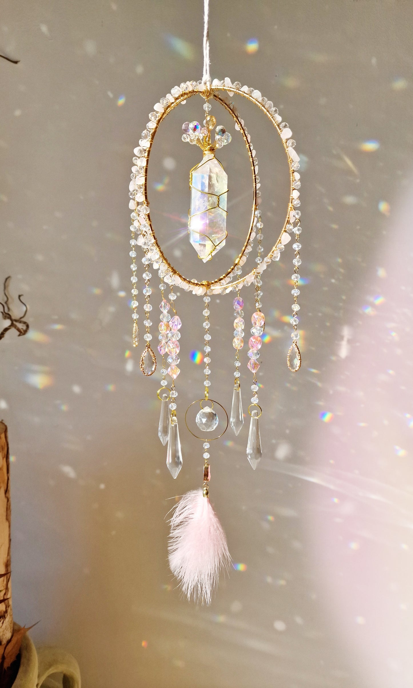 Pink Peacock - Suncatcher with Rose Quartz & Aura Quartz