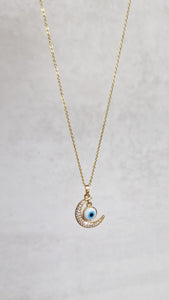 Evil eye moon necklace with simple chain