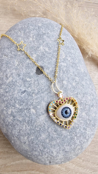 Evil eye heart necklace with moon and star chain