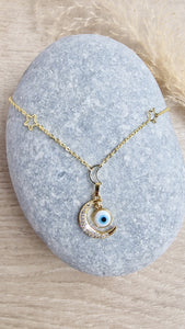 Evil eye moon necklace with moon and star chain