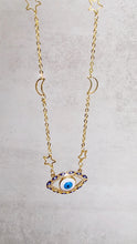 Load image into Gallery viewer, Evil eye necklece with moon and star chain