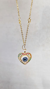 Evil eye heart necklace with moon and star chain