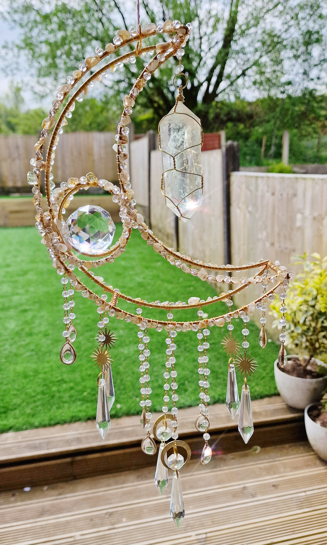 Crescent moon crystal suncatcher with citrine and aura quartz - Danika