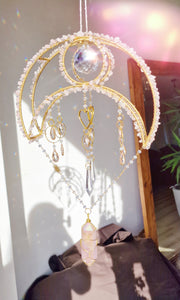 Vermithor Crescent moon crystal suncatcher with rose quartz and rose aura quartz