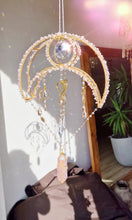 Load image into Gallery viewer, Vermithor Crescent moon crystal suncatcher with rose quartz and rose aura quartz