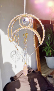 Vermithor Crescent moon crystal suncatcher with rose quartz and rose aura quartz