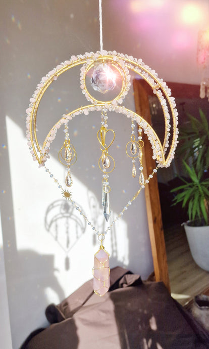 Vermithor Crescent moon crystal suncatcher with rose quartz and rose aura quartz