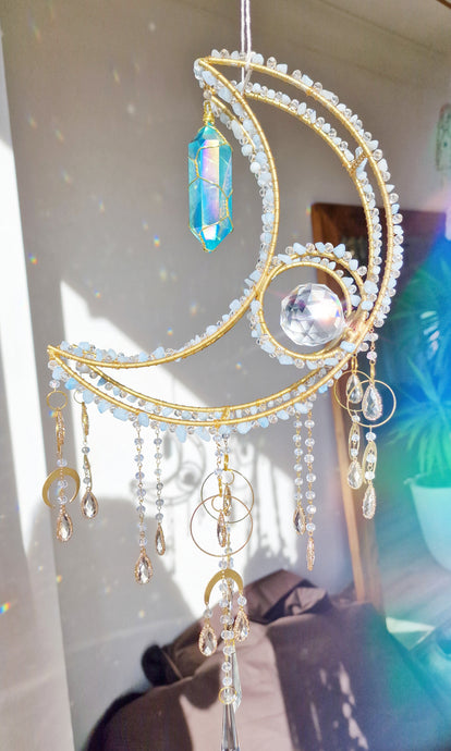 Dreamfyre - New Crescent moon crystal suncatcher with aquamarine and blue aura quartz