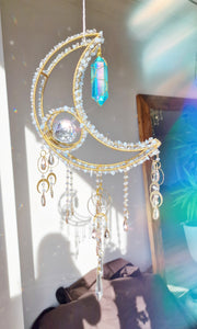 Dreamfyre - New Crescent moon crystal suncatcher with aquamarine and blue aura quartz