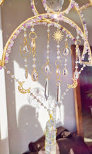 Load image into Gallery viewer, Crescent moon crystal suncatcher with amethyst and aura quartz