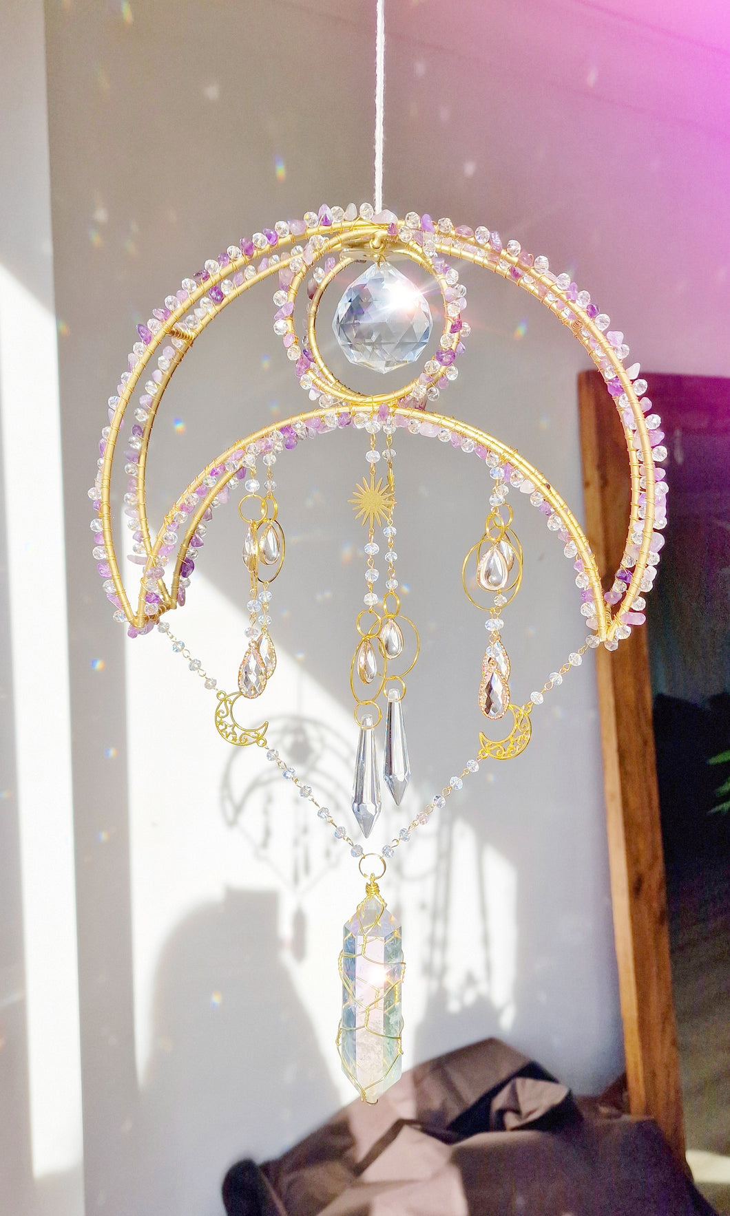 Crescent moon crystal suncatcher with amethyst and aura quartz