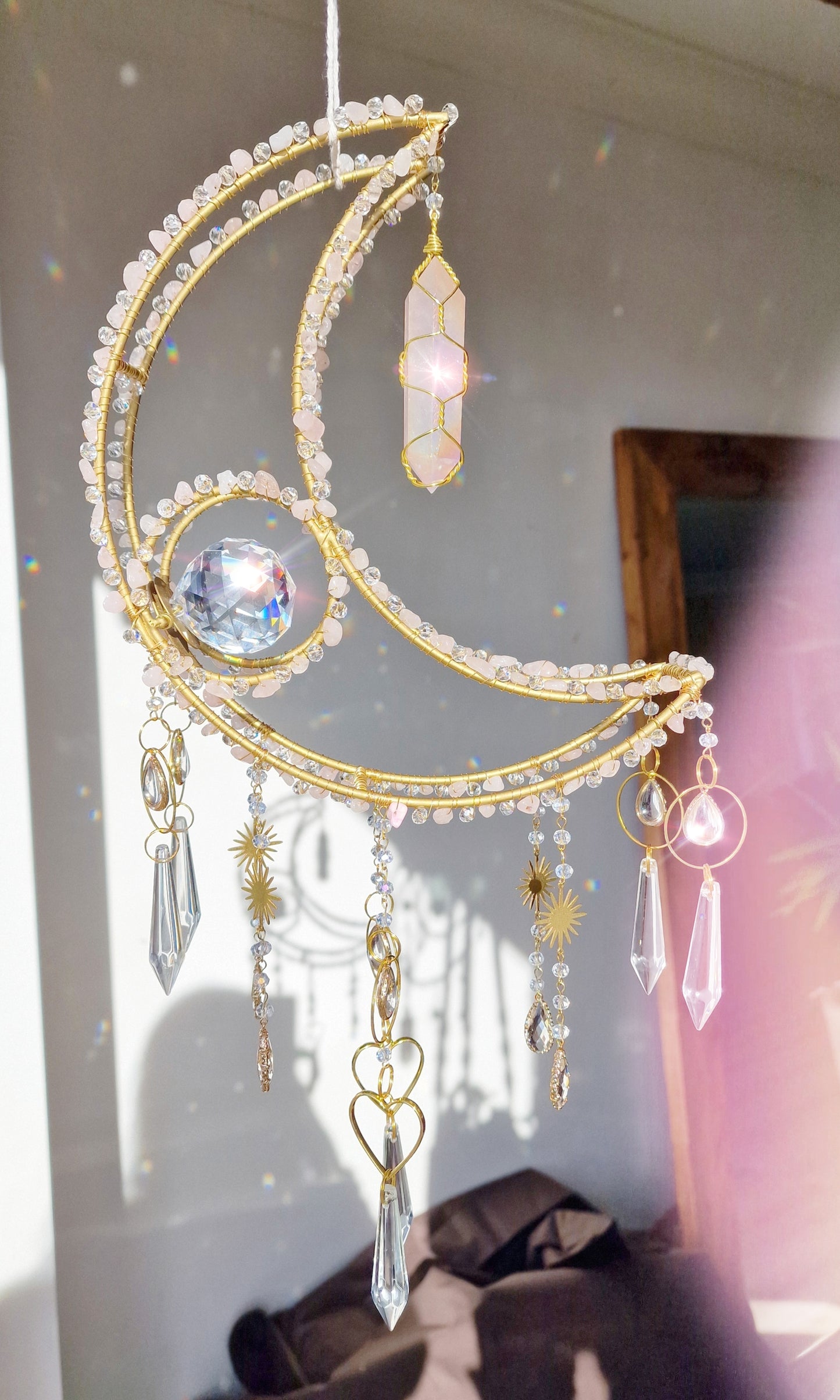 Sunfyre - New Crescent moon crystal suncatcher with rose quartz and rose aura quartz