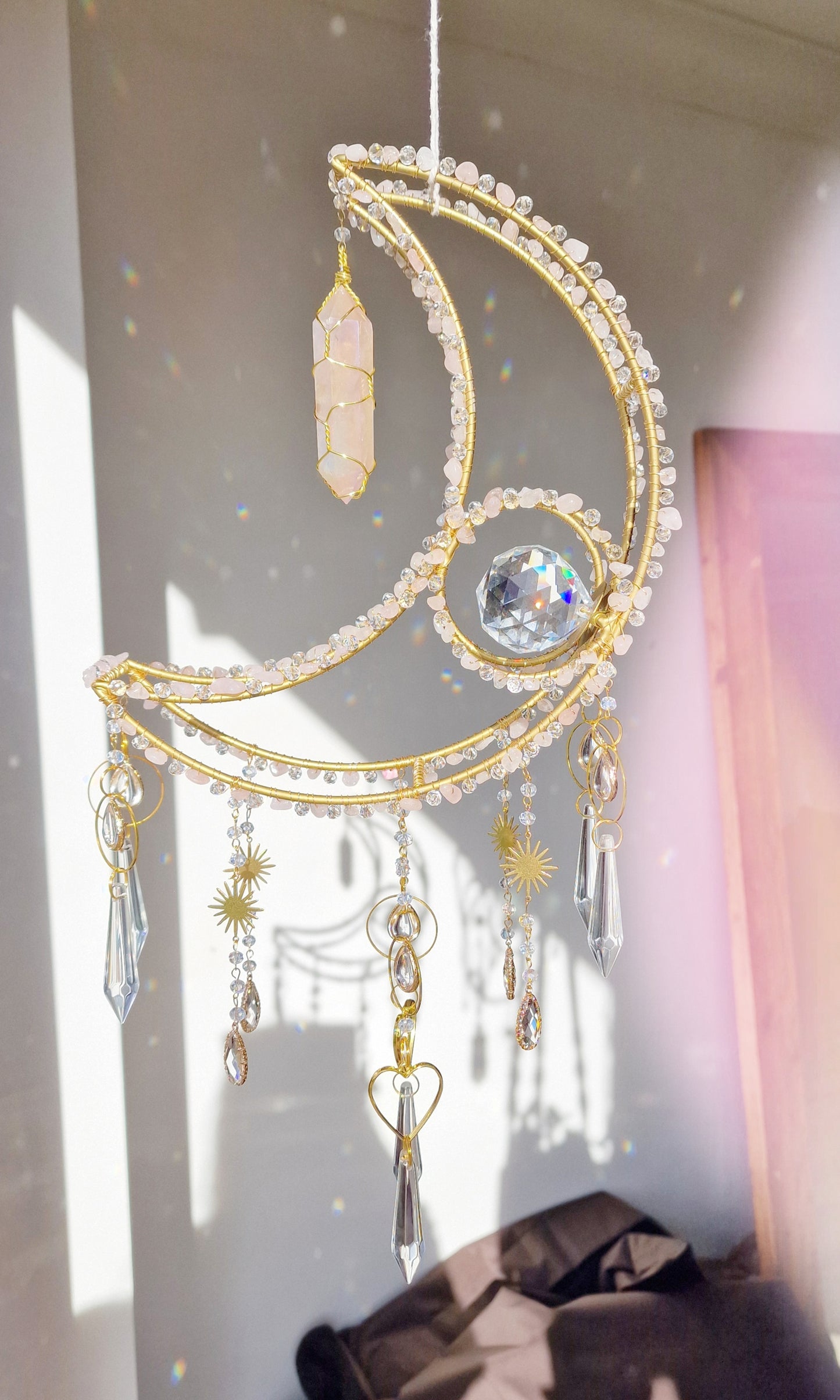 Sunfyre - New Crescent moon crystal suncatcher with rose quartz and rose aura quartz