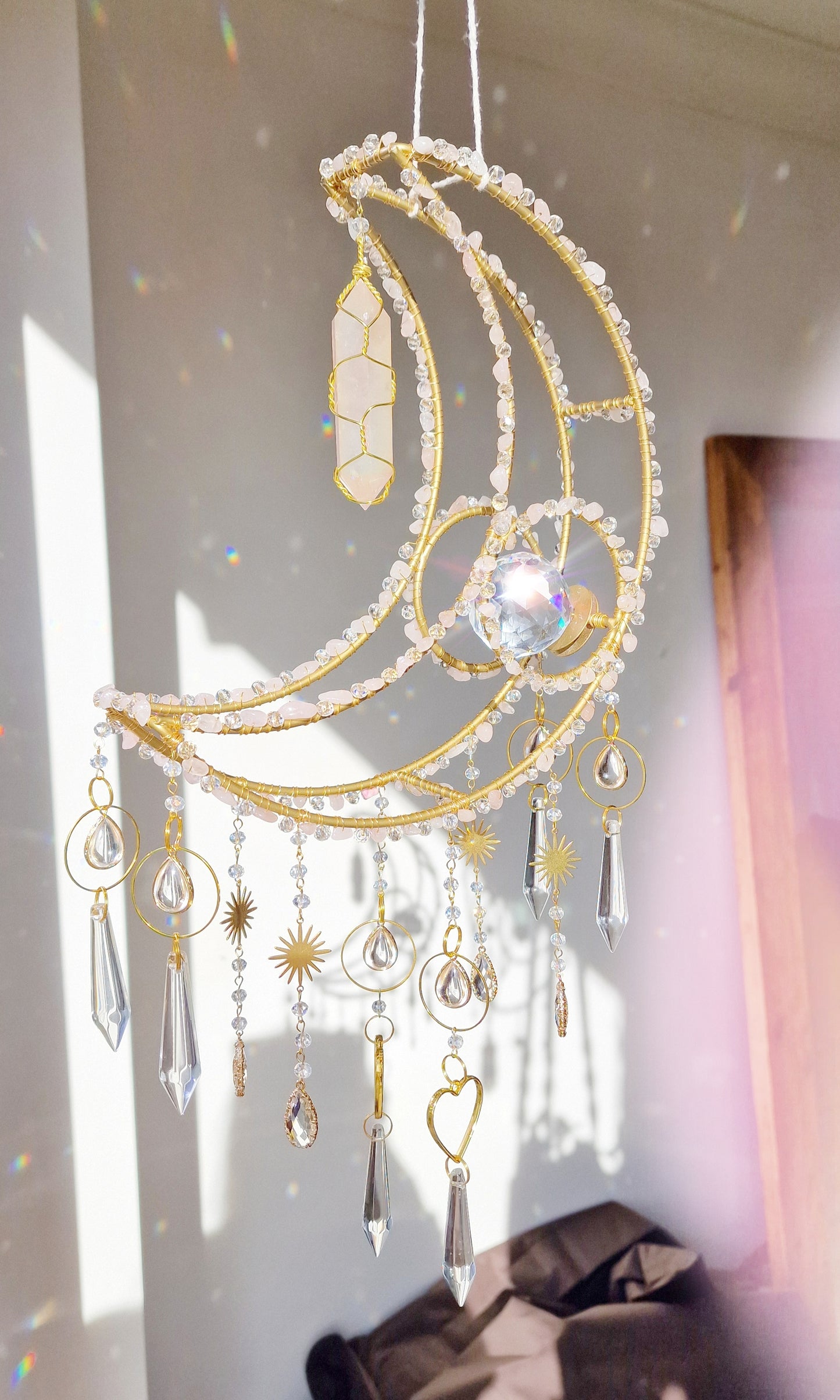 Sunfyre - New Crescent moon crystal suncatcher with rose quartz and rose aura quartz