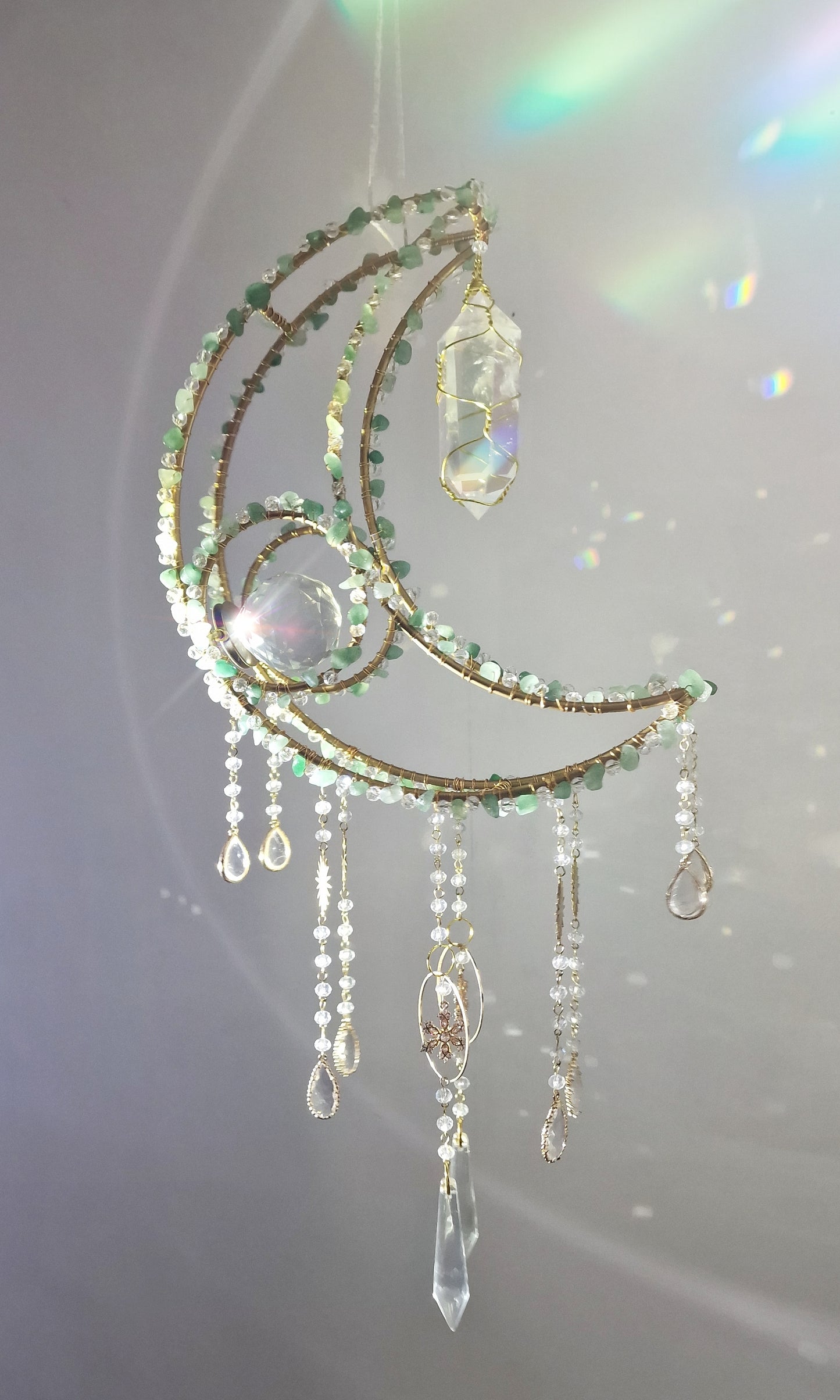 New Crescent moon crystal suncatcher with aventurine and aura quartz - Aquilo