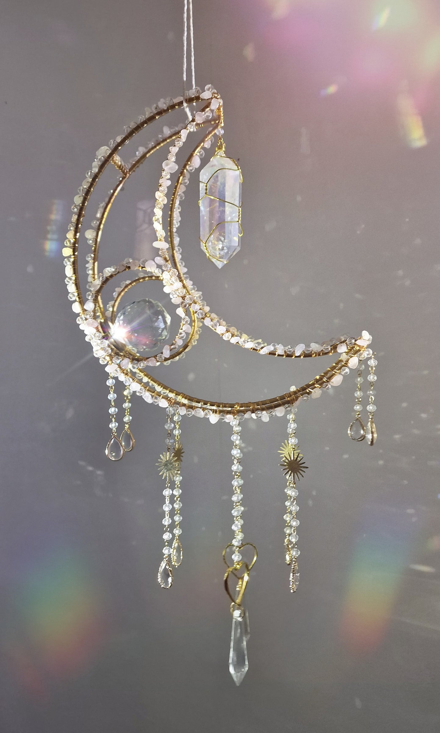 Crescent moon crystal suncatcher with rose quartz and clear aura quartz - Holly